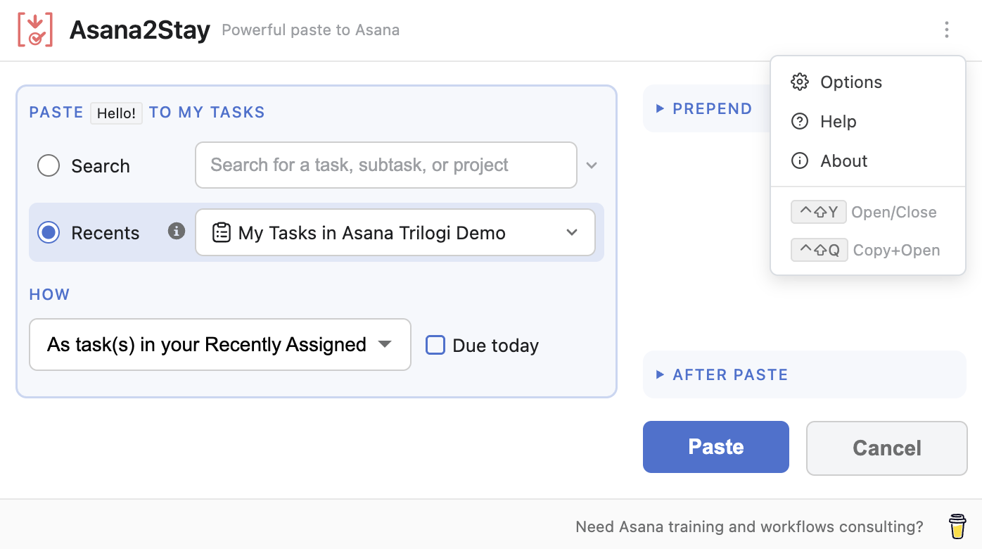 Asana2Stay main popup screenshot